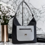Średniej wielkości szaro- czarna pikowana shopper bag 