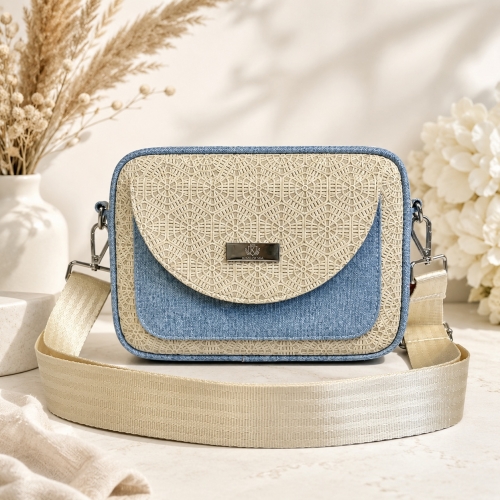 Listonoszka Box Denim Beige Mosaic beżowo-niebieska na szerokim pasku