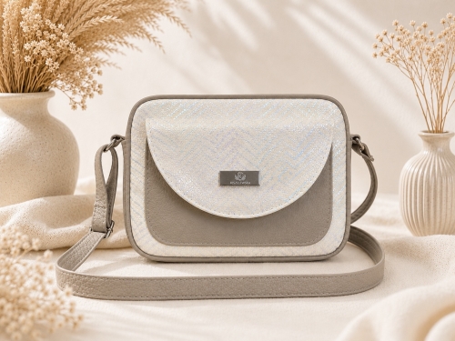 Listonoszka Box Champagne Glow- damska torebka beżowa z połyskującą łuską- przód