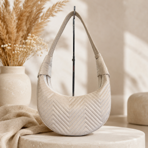 Jasnobeżowa torebka damska Luna Hobo Velvet- Vanilla Herringbone