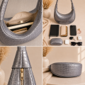 Metaliczna torebka Luna Hobo Classic Silver Taupe Croco – wnętrze, zamek, kieszonki i detale wykonania