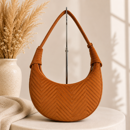 Ruda welurowa torebka damska Luna Hobo Velvet Cinnamon Herringbone – widok z przodu