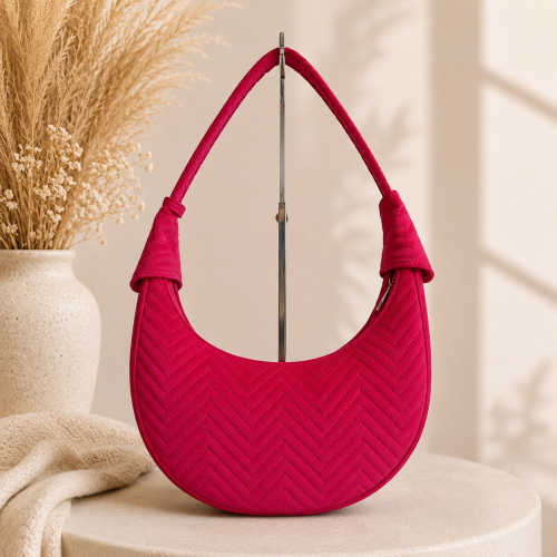 Fuksjowa welurowa torebka damska Luna Hobo Velvet Fuchsia Herringbone – widok z przodu