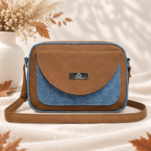 Listonoszka Box Denim Cognac jeansowo-koniakowa – damska torebka crossbody Kiszelewska