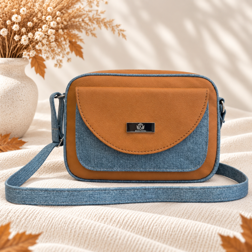 Listonoszka Box Denim Caramel Noir jeansowo-karmelowa – damska torebka crossbody Kiszelewska