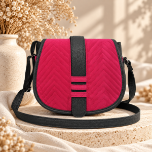 Duża listonoszka z klapką Fuchsia Velvet Herringbone – fuksjowo-czarna