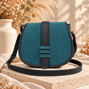 Duża listonoszka z klapką Ocean Velvet Herringbone – morsko-czarna