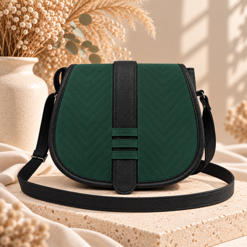 Duża listonoszka z klapką Emerald Velvet Herringbone – zielono-czarna torebka damska z pikowanego weluru w jodełkę