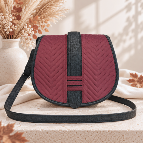 Duża bordowo-czarna listonoszka z klapką Burgundy Velvet Herringbone – pikowany welur Kiszelewska